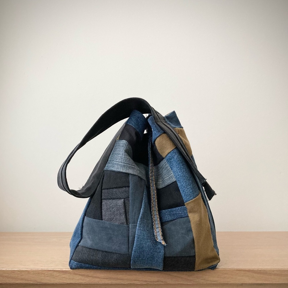 origami boro dumpling bag patchwork color block hobo tote denim jean joodito - Picture 4 of 9